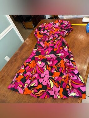 LaRoque Daphne Tiered Midi Dress Abstract Pink Orange V-Neck Puff Sleeve XS
